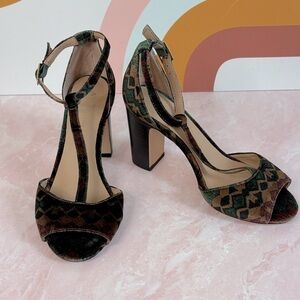 Anthropologie Velvet T-Strap Multicolor w/ Wood Heels